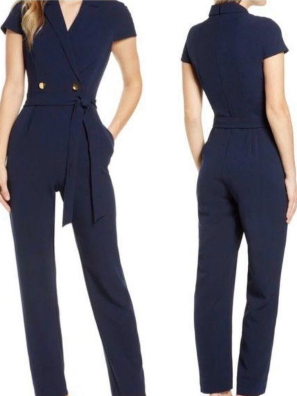 1901 Navy Short-Sleeve Wrap Jumpsuit with Tie Waist